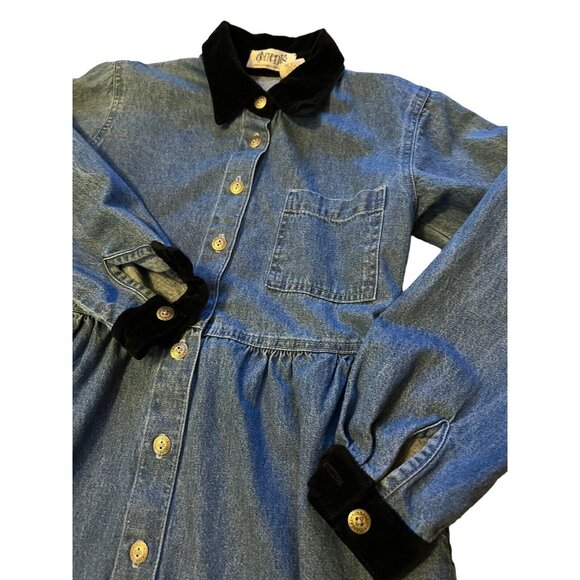 Vintage Elements Spiegel Blue Denim Dress Sz 2P Black Velvet Trim Cotton USA L/S - Picture 3 of 13